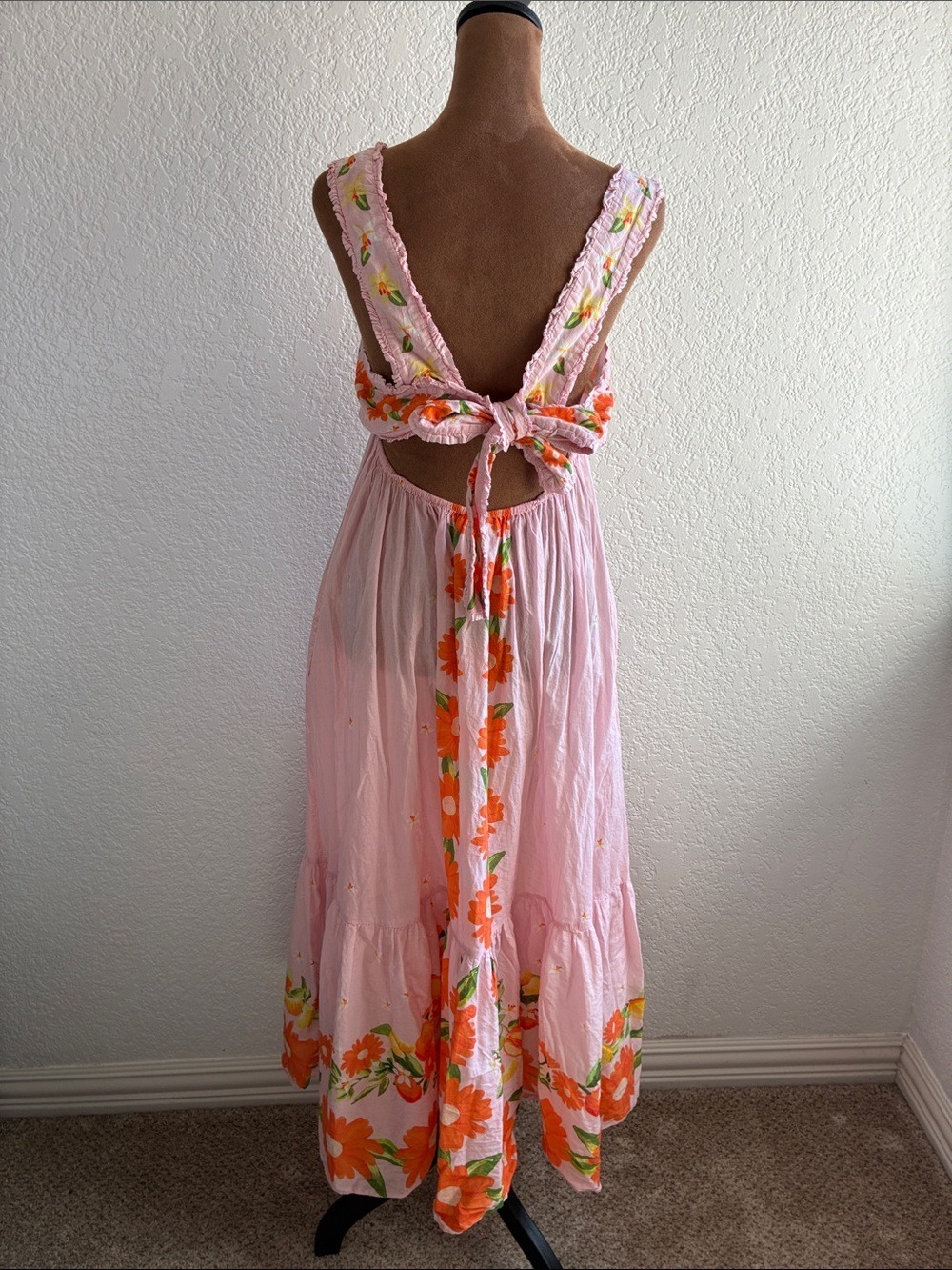 Farm Rio Papaya Salad Maxi Dress Pink Floral Button Front Back Bow M - Picture 6 of 12